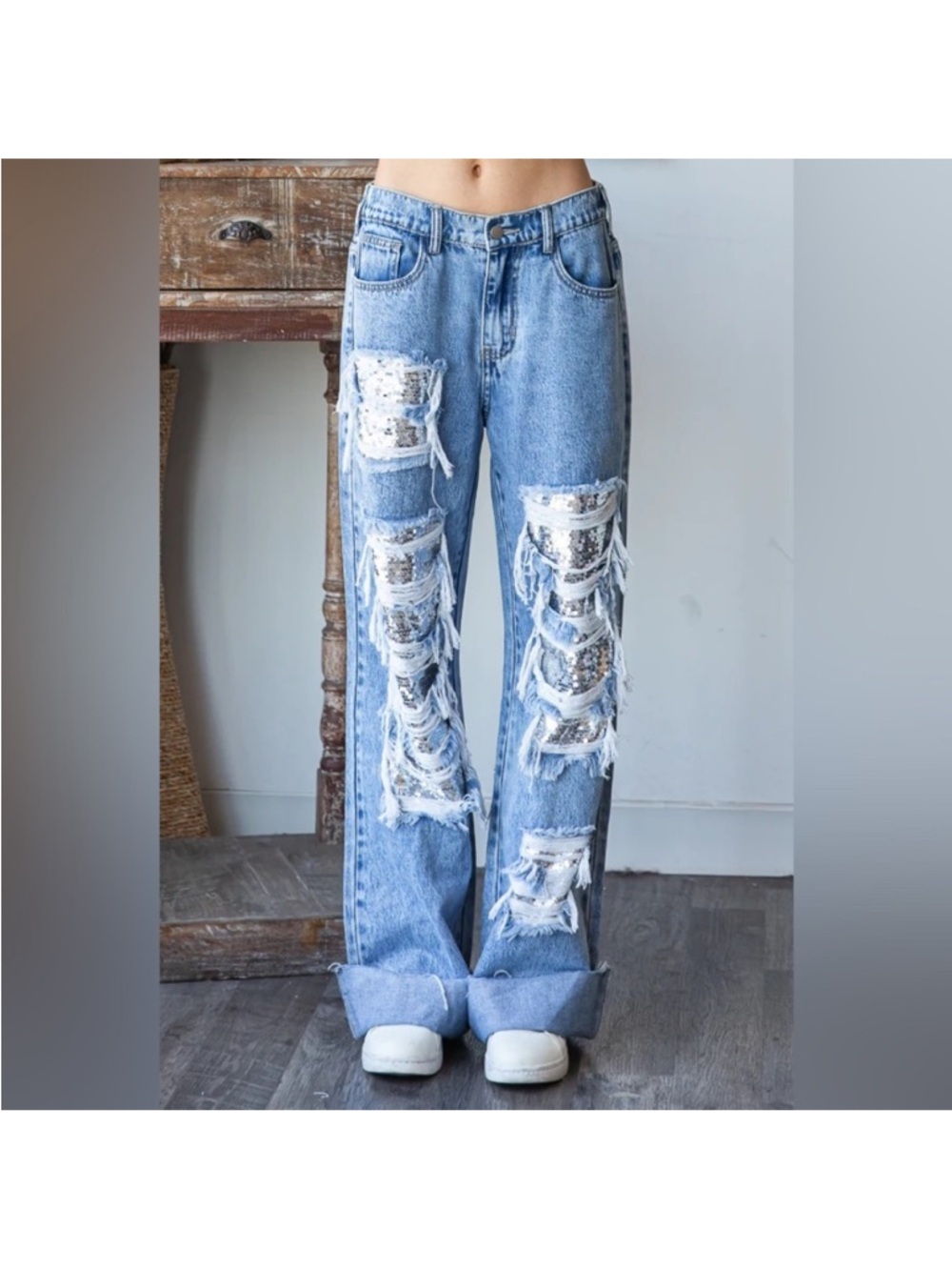 Bar x Oli & Hali Light Blue Distressed Wide-Leg Jeans with Sequins